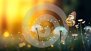 a dandelion with its seeds dispersing in the wind, while a butterfly adds a sense of dynamism to the scene, symbolizing