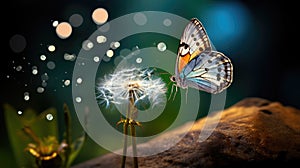 a dandelion with its seeds dispersing in the wind, while a butterfly adds a sense of dynamism to the scene, symbolizing