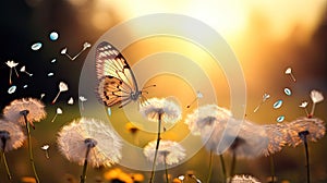 a dandelion with its seeds dispersing in the wind, while a butterfly adds a sense of dynamism to the scene, symbolizing