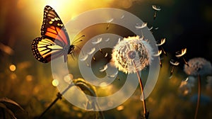 a dandelion with its seeds dispersing in the wind, while a butterfly adds a sense of dynamism to the scene, symbolizing