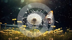 a dandelion with its seeds dispersing in the wind, while a butterfly adds a sense of dynamism to the scene, symbolizing