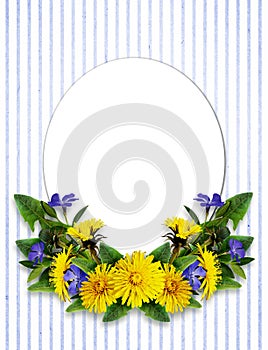 Dandelion and periwinkle flowers arrangement and a card