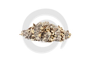 Dandelion root or in latin Taraxaci radix heap of isolated on white background. medicinal healing herbs.