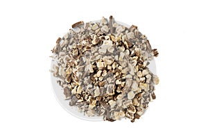 dandelion root or in latin Taraxaci radix heap of isolated on white background. medicinal healing herbs.