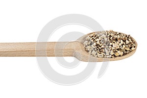 Dandelion root or in latin Taraxaci radix in wooden spoon isolated on white background. medicinal healing herbs