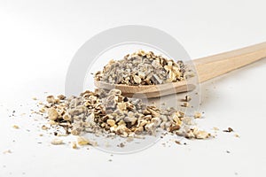 Dandelion root or in latin Taraxaci radix in wooden spoon isolated on white background. medicinal healing herbs.