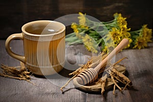 dandelion root tea in a rustic mug on stoneware