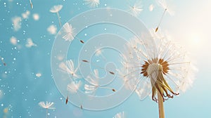 Dandelion seed head with flying seeds on a blue sky background