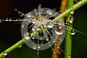 dandelion seed head with raindrops on it