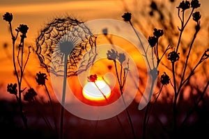 dandelion seed head silhouette during sunset