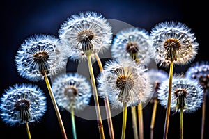 Dandelion Seedheads Against Dark Background in England