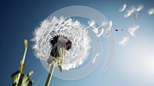 Dandelion with seeds blowing away in the wind across a clear blue sky, generative ai