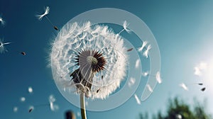 Dandelion with seeds blowing away in the wind across a clear blue sky, generative ai