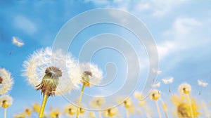 Dandelion seeds blowing in the wind against a blue sky