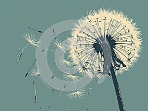 Dandelion seeds blowing in the wind. Illustration. Generative AI