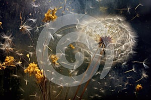dandelion seeds dispersing in a gust of wind