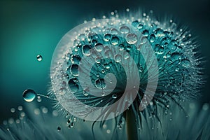 Dandelion Seeds in droplets of water on blue and turquoise beautiful background