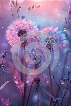 Dandelion with seeds and drops of water all around dark background. Flowering flowers, a symbol of spring, new life