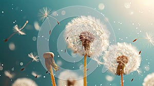 Dandelion Seeds in Flight on Blue Background