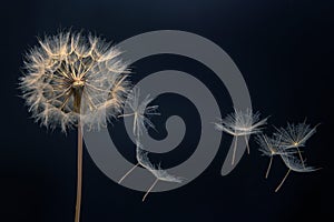 Dandelion seeds fly from a flower on a dark background. botany and bloom growth propagation