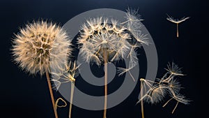 Dandelion seeds fly from a flower on a dark background. botany and bloom growth propagation