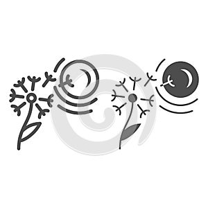 Dandelion seeds fly to sun line and solid icon, nature and climate concept, flower and sunshine vector sign on white