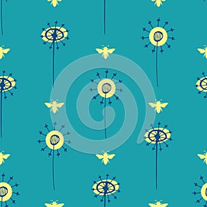 Dandelion seeds and honey bees seamless vector pattern background. Abstract folk art mix of herbacious garden or field