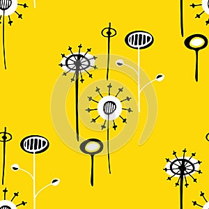 Dandelion seeds seamless vector pattern background. Abstract folk art style groups of herbacious garden or field flowers
