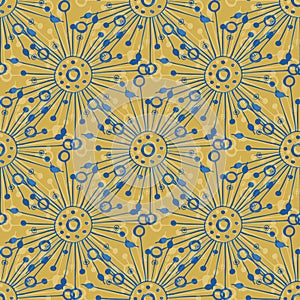 Dandelion seeds seamless vector pattern background. Abstract folk art style herbacious garden or field flowers blue gold