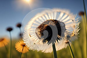 Dandelion seeds in the sunlight blowing away across a fresh green morning background, generative ai