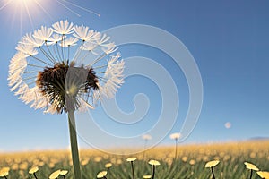 Dandelion seeds in the sunlight blowing away across a fresh green morning background, generative ai