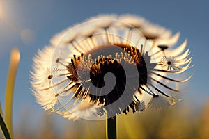 Dandelion seeds in the sunlight blowing away across a fresh green morning background, generative ai