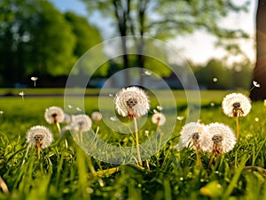 Dandelion seeds taking flight on a warm summer breeze in a sunlit green park