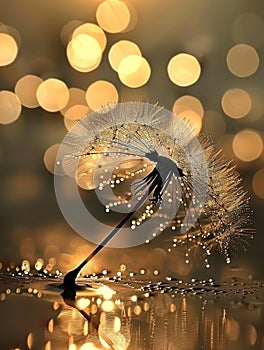 Dandelion seeds with water droplets and a sparkling light effect., Generated AI