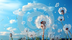 Dandelion seeds in wind flying into sky