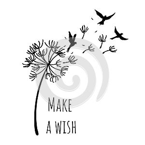Dandelion silhouette print. Make a wish. Tattoo poster with bird and flower seeds. Motivation message card. Isolated