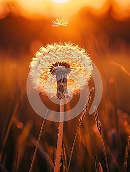 Dandelion at sunset with one seed flying away., Generated AI