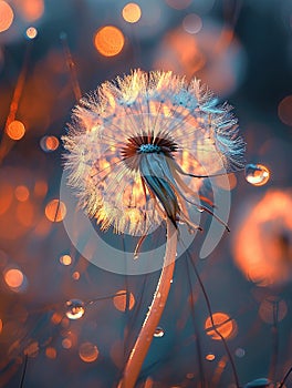 Dandelion at sunset with one seed flying away., Generated AI