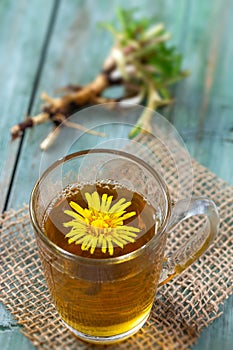 Dandelion tea background, herbal remedy. Dandelion tea, flower, leaves and root on wooden background.