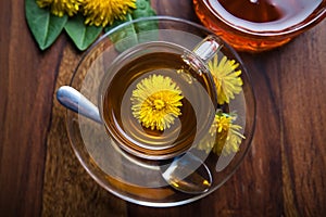 Dandelion tea with honey, yellow blossom in tea cup