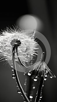 Dandelion with water droplets on its leaves. These droplets are likely from rain, as they give plant an ethereal and