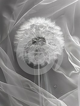 Dandelion with water droplets on translucent fabric. ,Generated AI