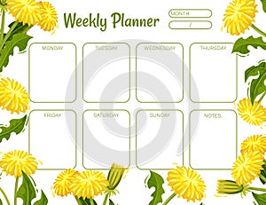 Dandelion Weekly Planner Design with Flowering Plant with Yellow Flower Head Vector Template