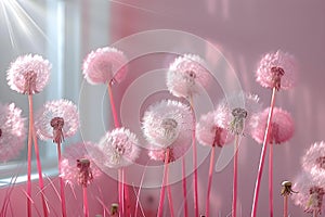 Dandelion Whispers on a Pink Haze. Concept Nature Inspiration, Soft Pastels, Floral Fantasy, Dreamy