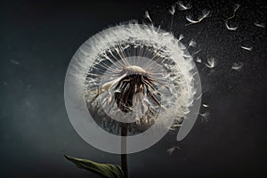 dandelion in the wind, with seeds blowing away