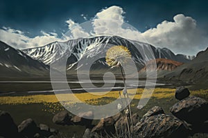 dandelion in the windswept wilderness, with towering mountains in the background