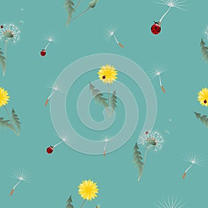 Dandelion yellow flowers and head seeds flying with ladybugs seamless pattern. Surface floral design. Great for vintage fabric, wa