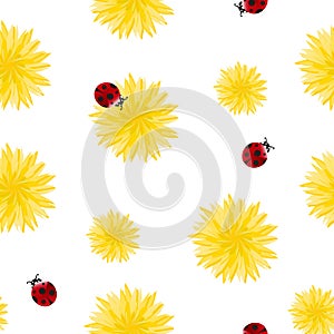 Dandelion yellow flowers and red ladybugs seamless pattern. Surface floral art design. Great for vintage fabric, wallpaper, giftwr