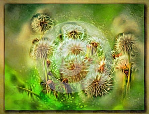 Dandelions. Bokeh, blur. Imitation of a picture. Oil paint. Rendring