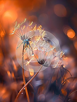 Dandelions with dewdrops at sunrise, bokeh light effect., Generated AI